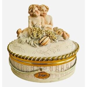 Vtg Berger Porcelain Jewelry Trinket Box Cherub Figurines On Lid Italian Style